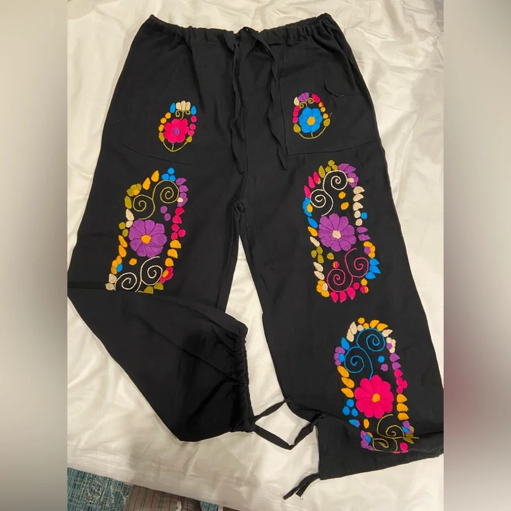 Black embroidered draw string pants. - Picture 1 of 4